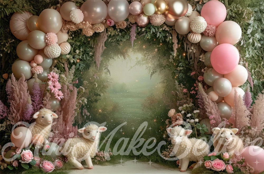 Kate Spring Pink Fantasy Forest Lamb Balloon Arch Backdrop Designed by Mini MakeBelieve