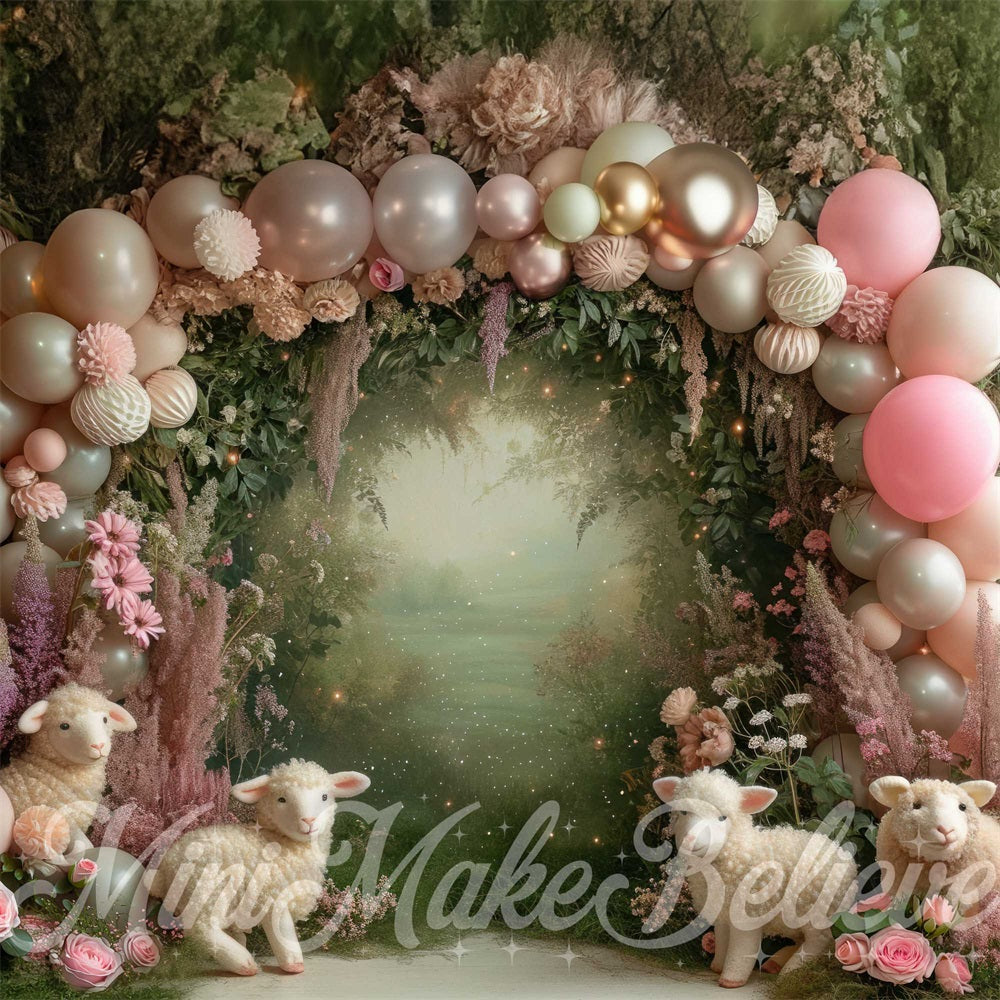 Kate Spring Pink Fantasy Forest Lamb Balloon Arch Backdrop Designed by Mini MakeBelieve