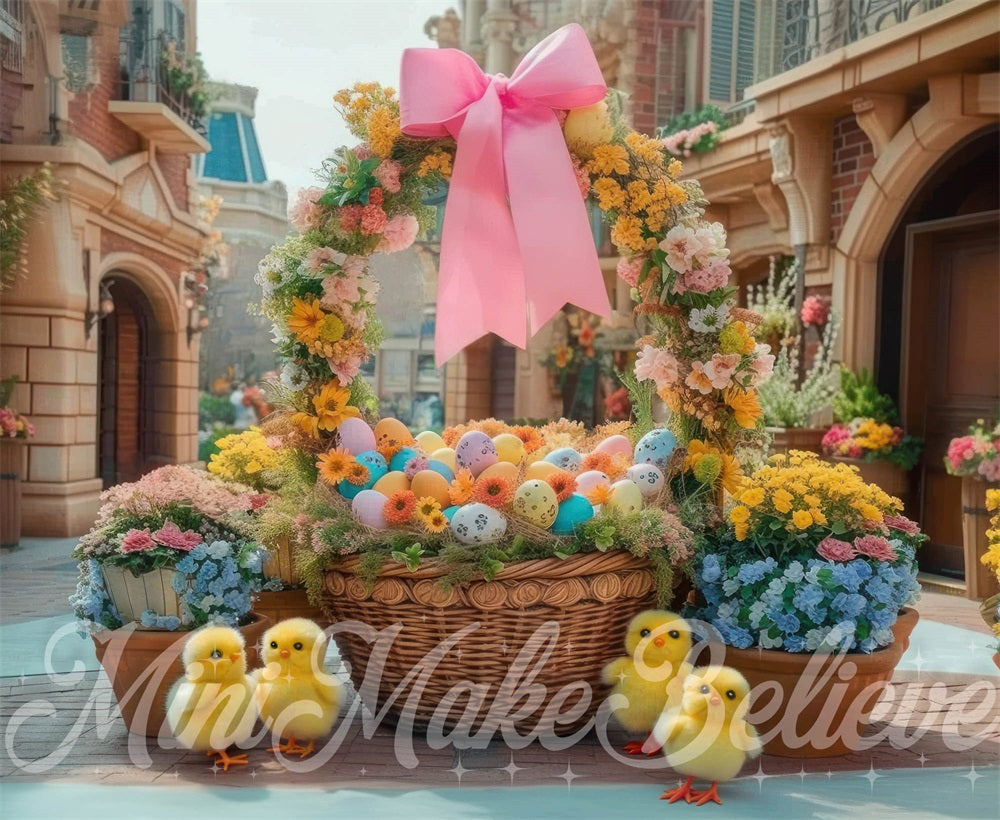 Kate Easter Eggs Colorful Flower Basket Chicks Street Backdrop Designed by Mini MakeBelieve