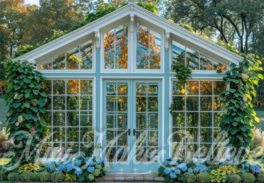 Kate Spring Forest Plants Exterior Blue Greenhouse Backdrop Designed by Mini MakeBelieve
