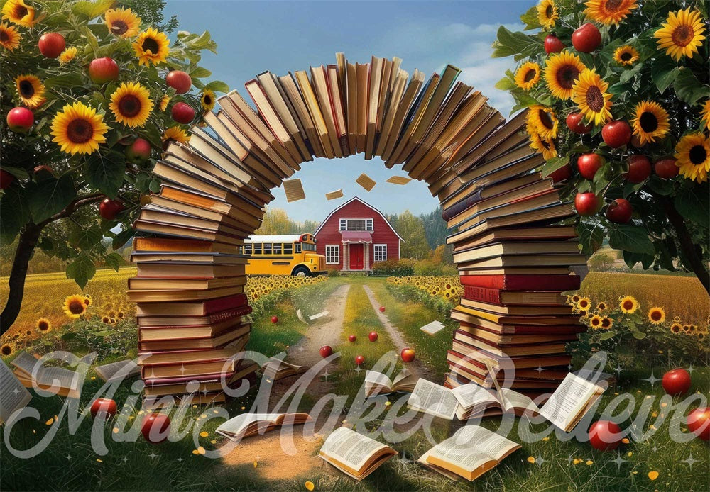 Kate Summer Art Sunflower Apple Red House Grass and Book Arch Backdrop Designed by Mini MakeBelieve