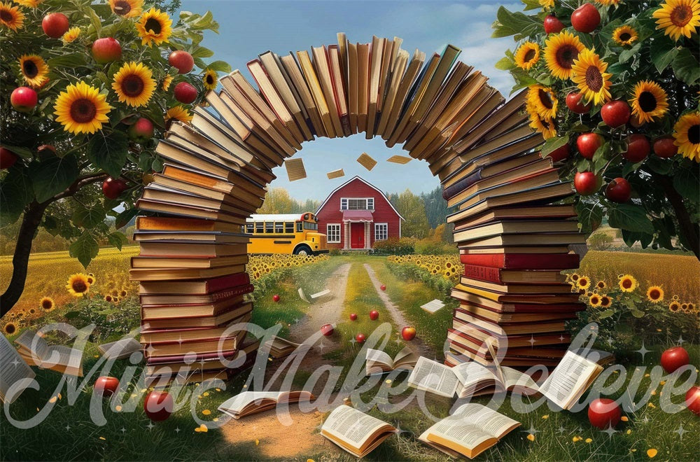 Kate Summer Art Sunflower Apple Red House Grass and Book Arch Backdrop Designed by Mini MakeBelieve