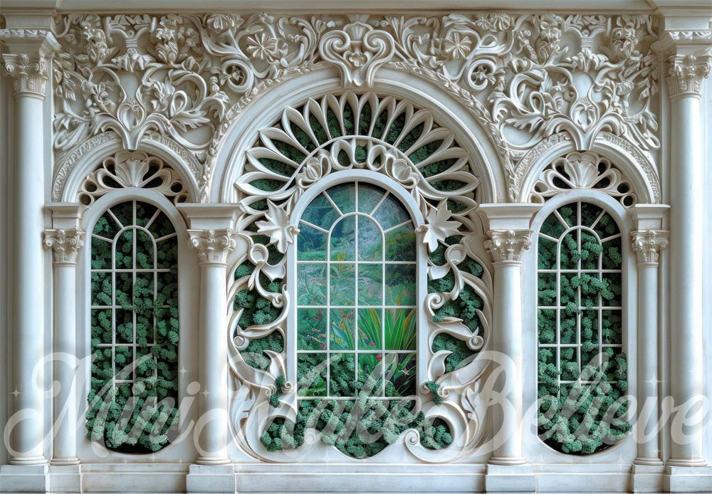 Sfondo da parete a finestra arcuata ornato verde bianco progettato da Mini MakeBelieve
