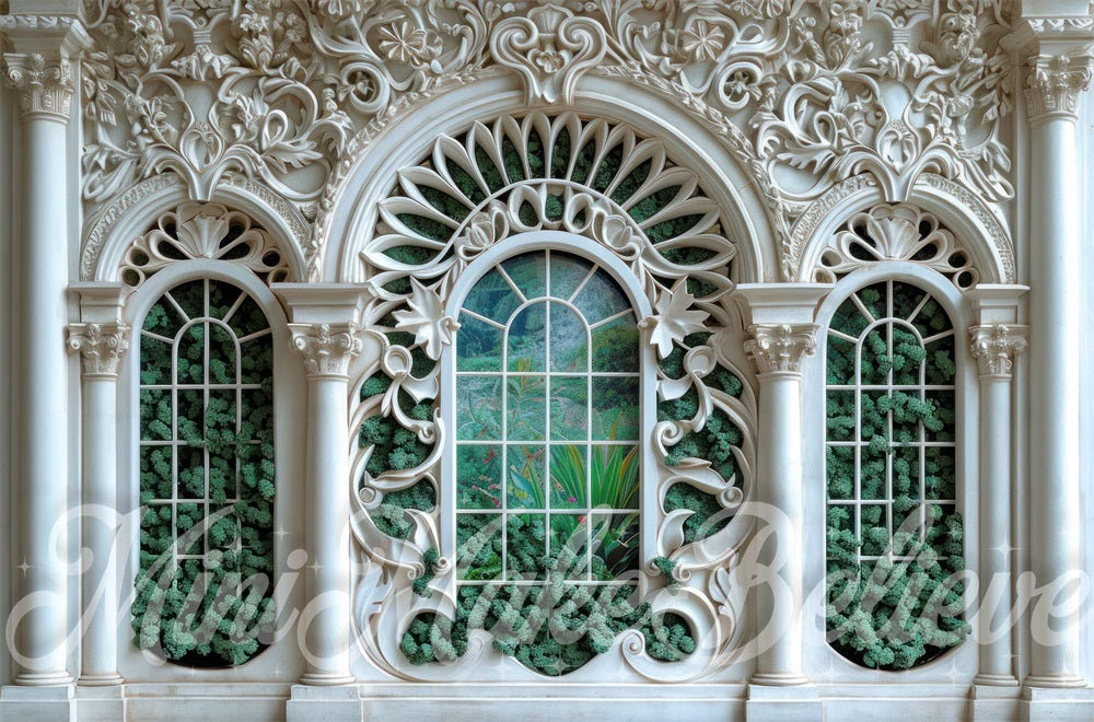 Kate White Green Ornate Arched Window Wall Backdrop Designed by Mini MakeBelieve