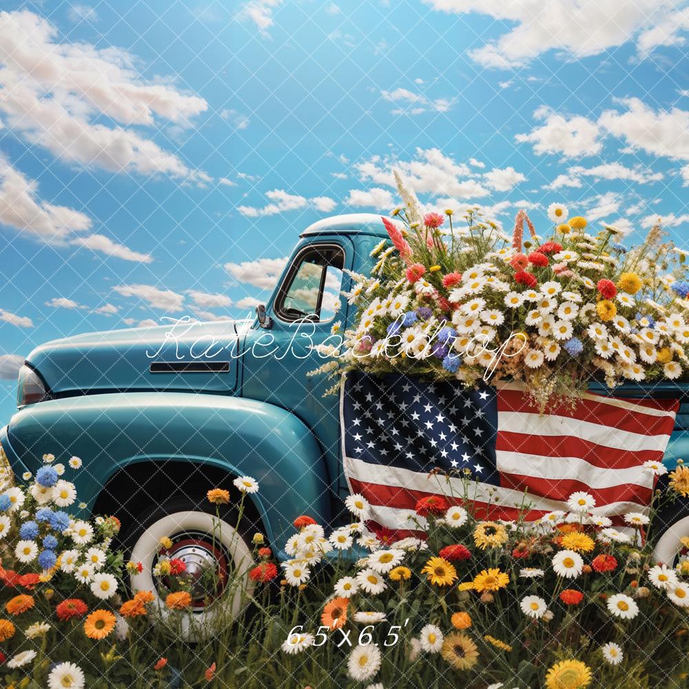 Kate Independence Day Flag Flowers Blue Truck Backdrop Designed by Emetselch