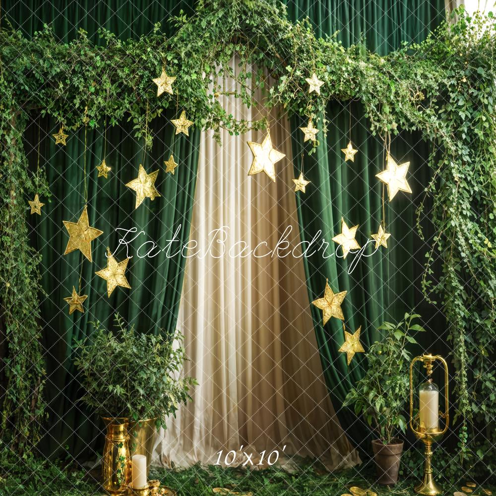 Kate Spring Green Plants Candle Stars Curtain Backdrop Designed by Emetselch