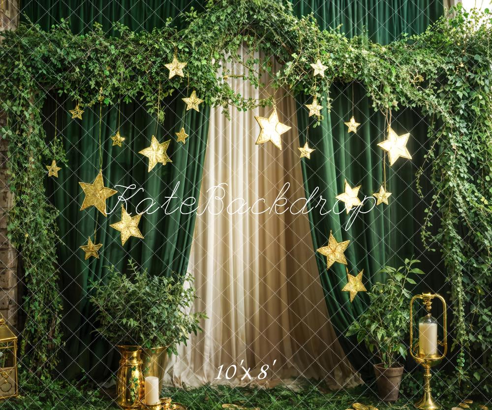 Kate Spring Green Plants Candle Stars Curtain Backdrop Designed by Emetselch