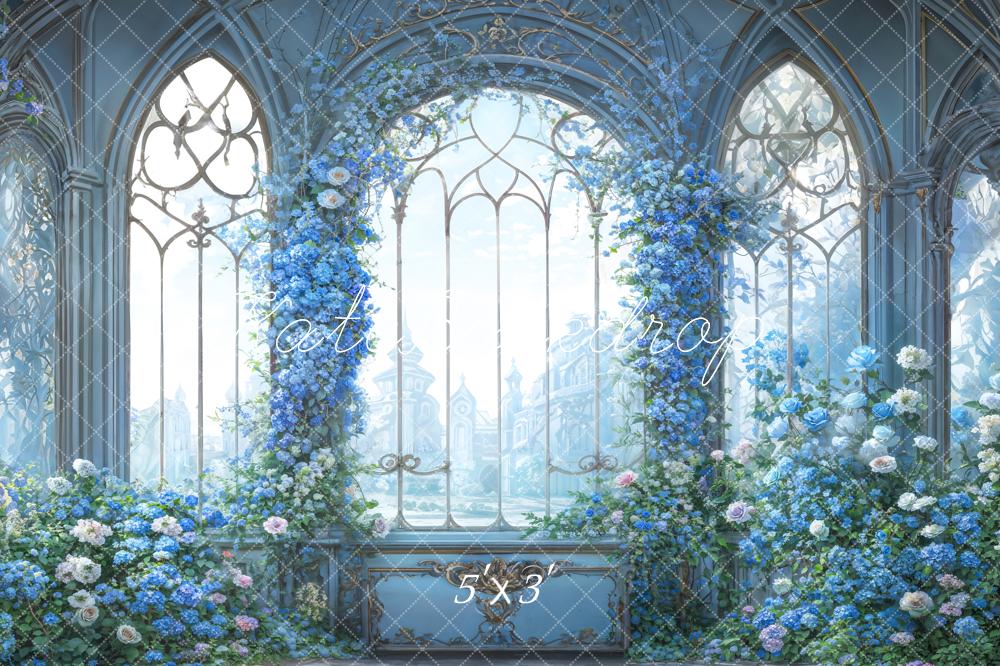 Kate Blue Fancy Flowers Arched Window Backdrop Designed by GQ