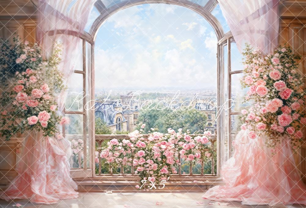 Kate Spring Flowers Pink Curtain Arched Window Backdrop Designed by GQ