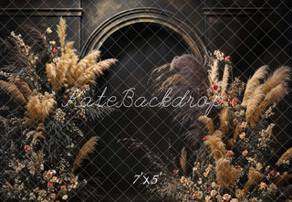 Kate Boho Black Reeds and Flowers Arch Printed Backdrop Designed by Emetselch