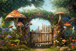 Kate Spring Fairytale Wooden Arch Mushroom Printed Backdrop Designed by Chain Photography