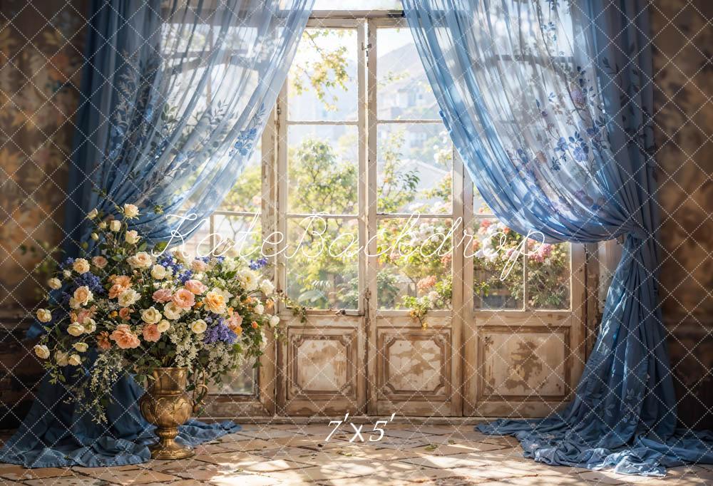 Kate Spring Blue Curtain Flowers Windows Backdrop Designed by Chain Photography