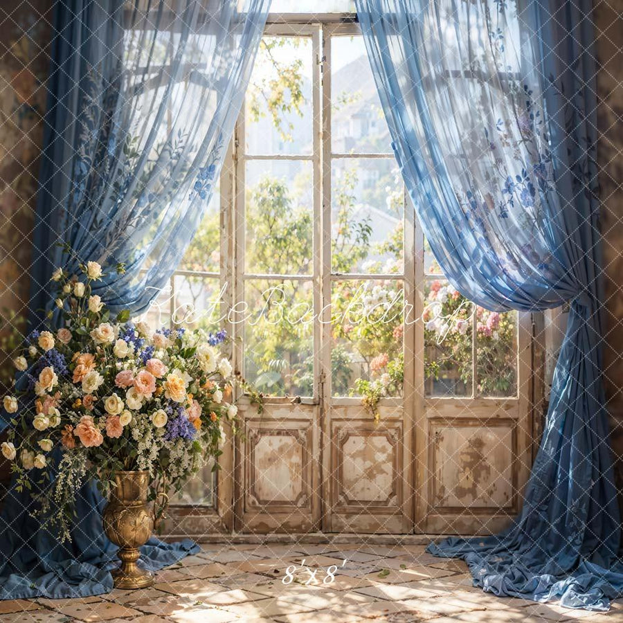 Kate Spring Blue Curtain Flowers Windows Backdrop Designed by Chain Ph