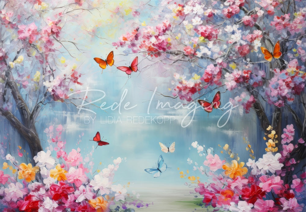 Kate Spring Fantasy Colorful Butterfly Lake Floral Backdrop Designed by Lidia Redekopp