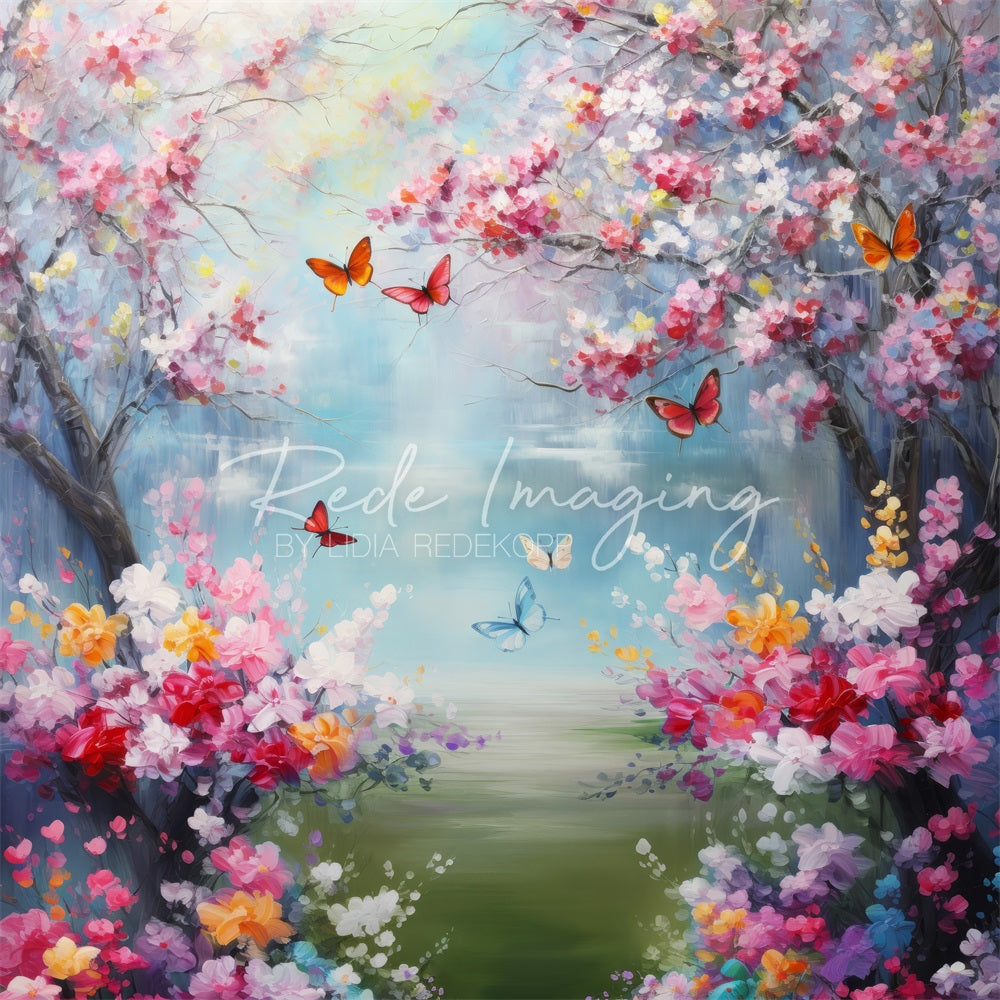 Kate Spring Fantasy Colorful Butterfly Lake Floral Backdrop Designed by Lidia Redekopp