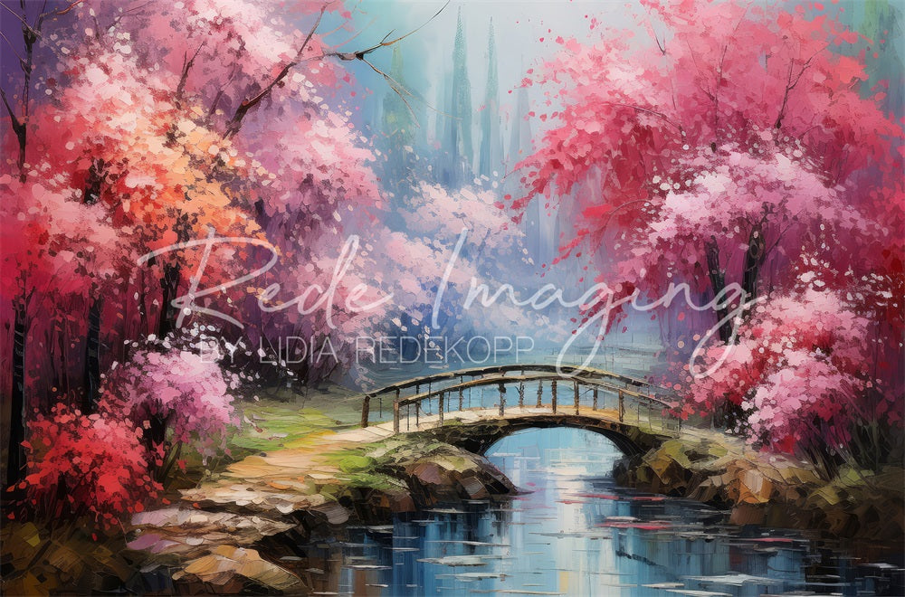 Kate Painting Red Maple Forest Creek Wooden Bridge Backdrop Designed by Lidia Redekopp