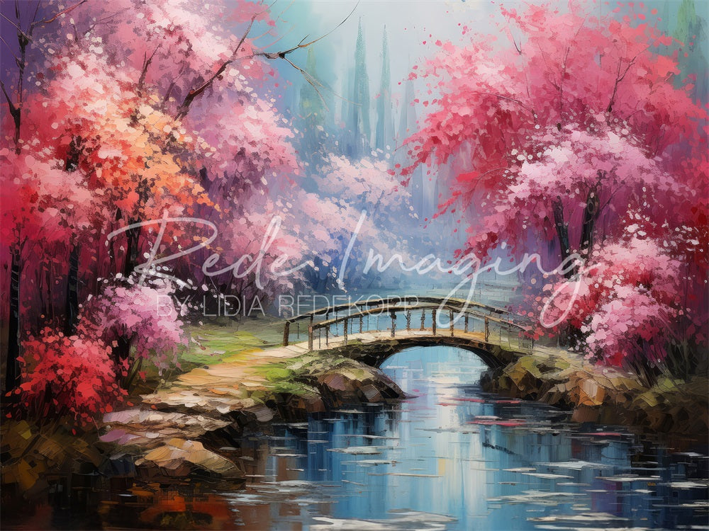 Kate Painting Red Maple Forest Creek Wooden Bridge Backdrop Designed by Lidia Redekopp
