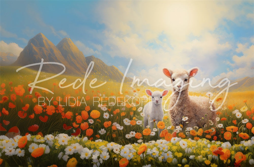 Kate Easter Lambs Colorful Flowers Mountain Backdrop Designed by Lidia Redekopp