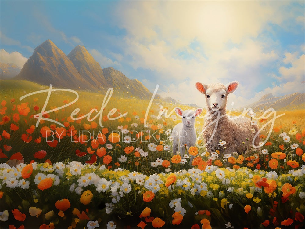 Kate Easter Lambs Colorful Flowers Mountain Backdrop Designed by Lidia Redekopp