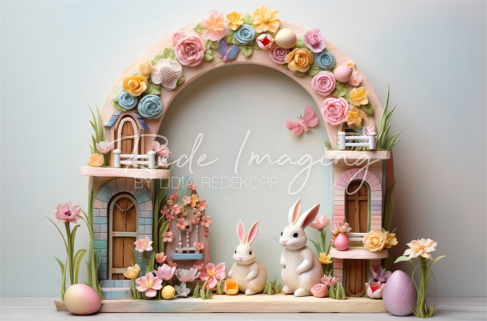 Kate Easter Bunny Colorful Flower Arch Backdrop Designed by Lidia Redekopp