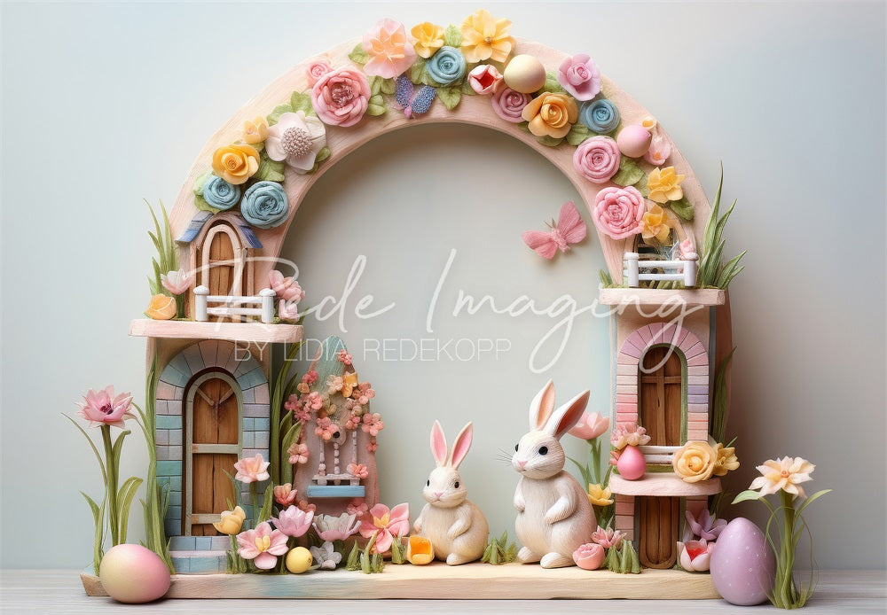 Kate Easter Bunny Colorful Flower Arch Backdrop Designed by Lidia Redekopp