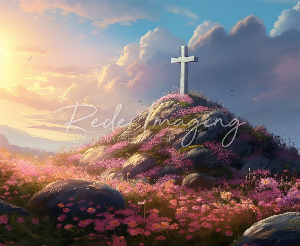 Kate Easter Cross Stone Blue Sky Clouds Backdrop Designed by Lidia Red