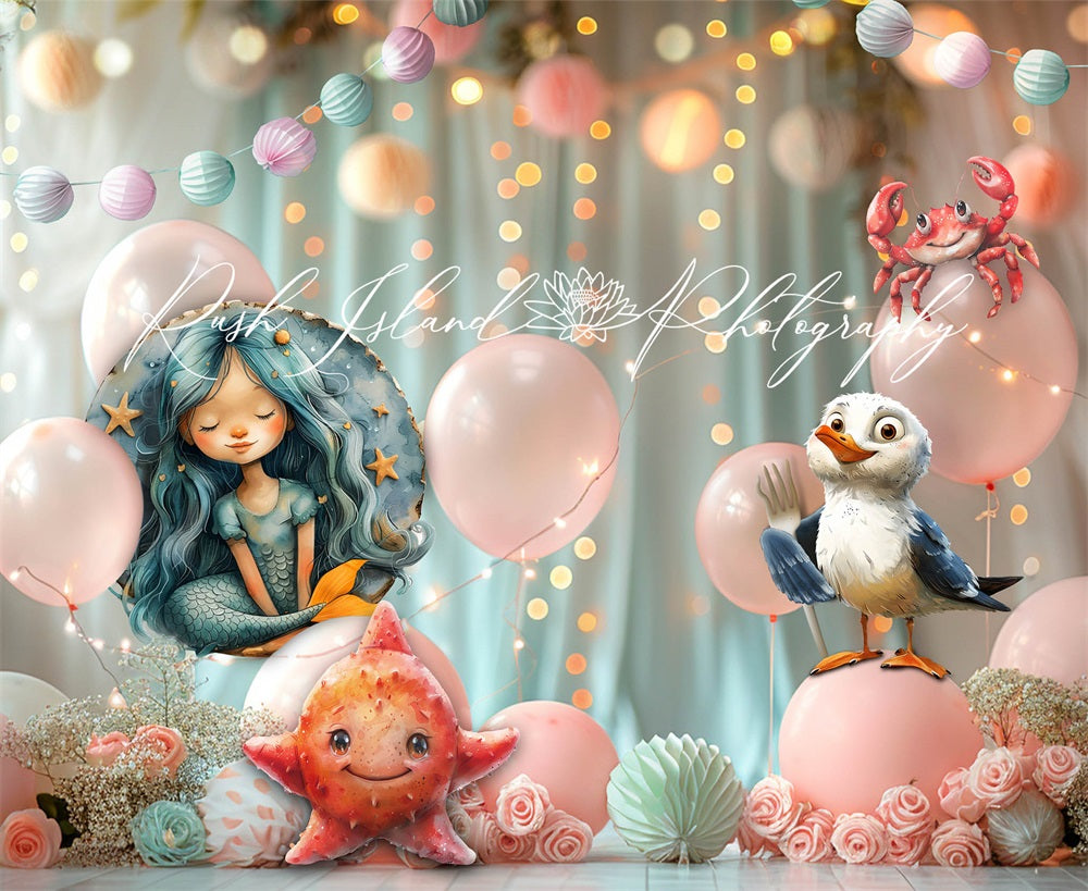 Kate Summer Pink Balloon and Rose Dreamy Mermaid Backdrop Designed by Laura Bybee