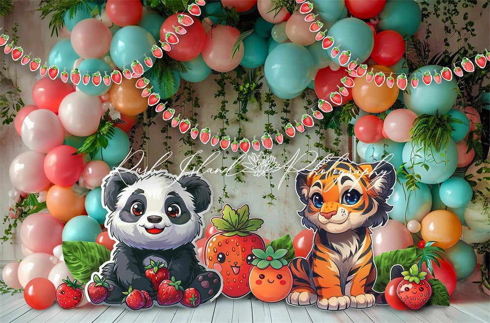 Kate Cartoon Colorful Balloons Strawberry Berry Lovin Panda and Tiger Backdrop Designed by Laura Bybee