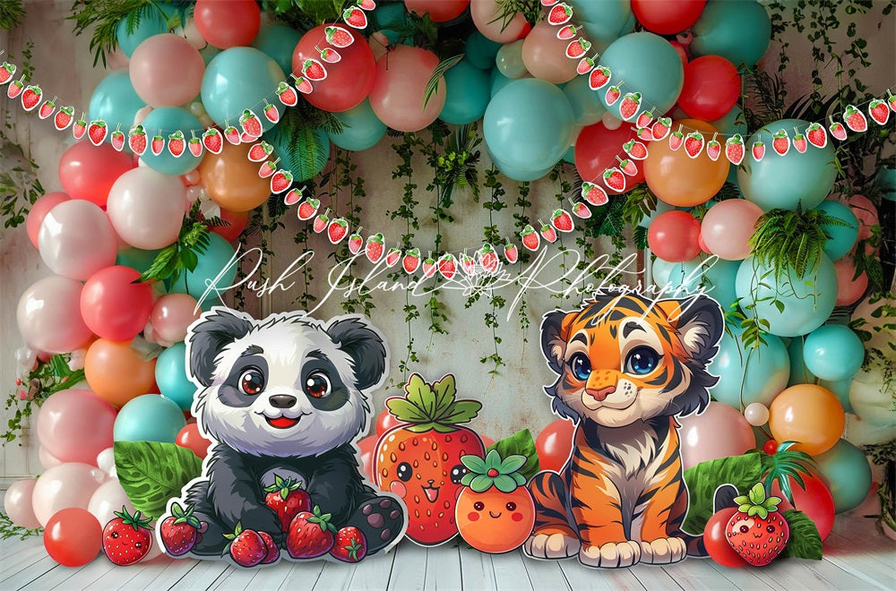 Kate Cartoon Colorful Balloons Strawberry Berry Lovin Panda and Tiger Backdrop Designed by Laura Bybee