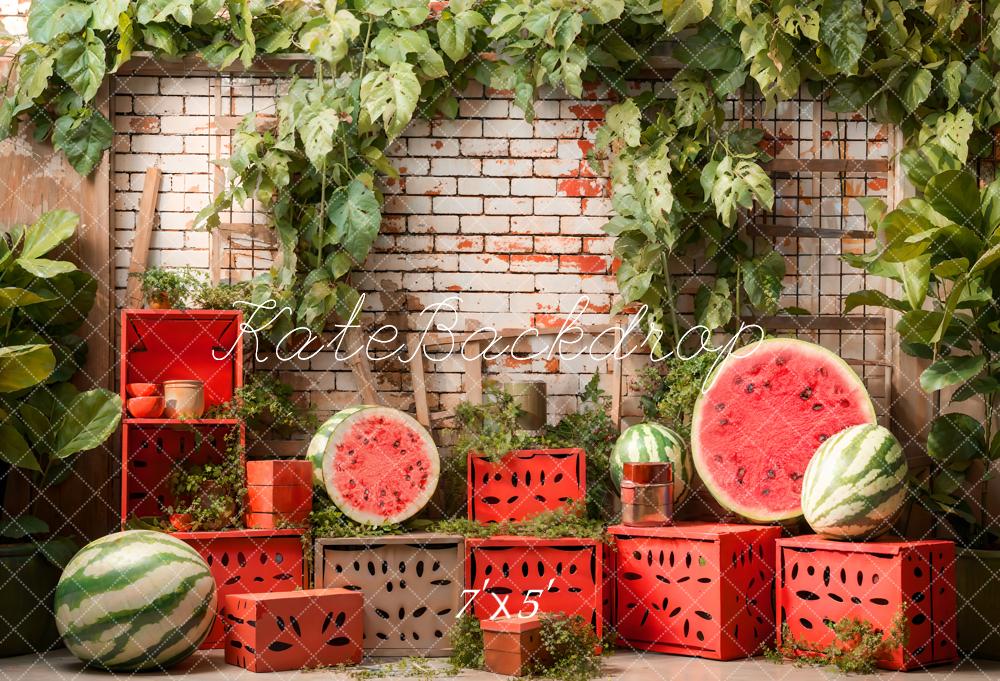 Kate Summer Red Box Green Plant Brick Wall Watermelon Backdrop Designed by Emetselch