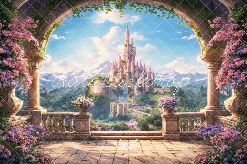 Kate Spring Fantasy Flower Arch Windowsill Blue Sky White Cloud Mountain Castle Backdrop Designed by Chain Photography