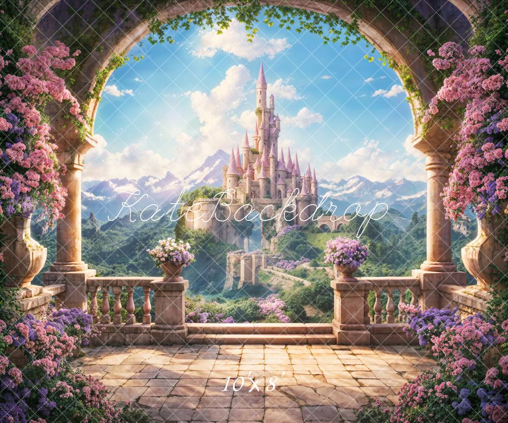 Kate Spring Fantasy Flower Arch Windowsill Blue Sky White Cloud Mountain Castle Backdrop Designed by Chain Photography