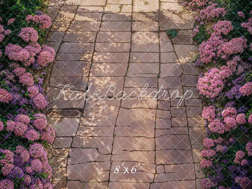 Kate Spring Purple Blooming Flowers Dark Brown Stone Path Floor Backdrop Designed by Kate Image