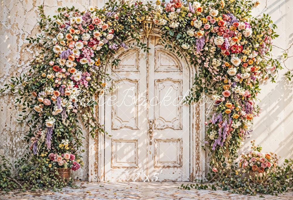 Kate Spring Art Colorful Flowers Wooden Arch Door Old Brick Wall Backdrop Designed by Emetselch