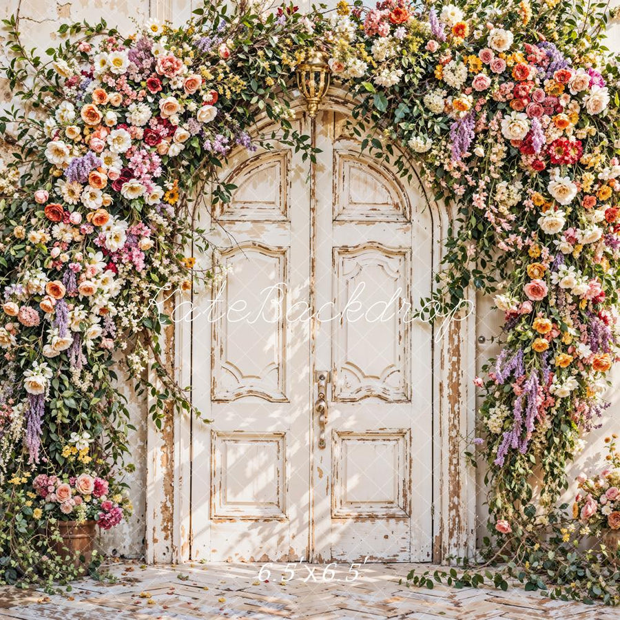 Kate Spring Art Colorful Flowers Wooden Arch Door Old Brick Wall Backd
