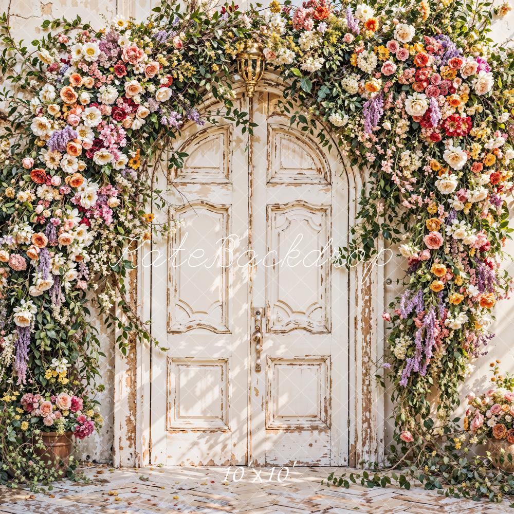 Kate Spring Art Colorful Flowers Wooden Arch Door Old Brick Wall Backdrop Designed by Emetselch