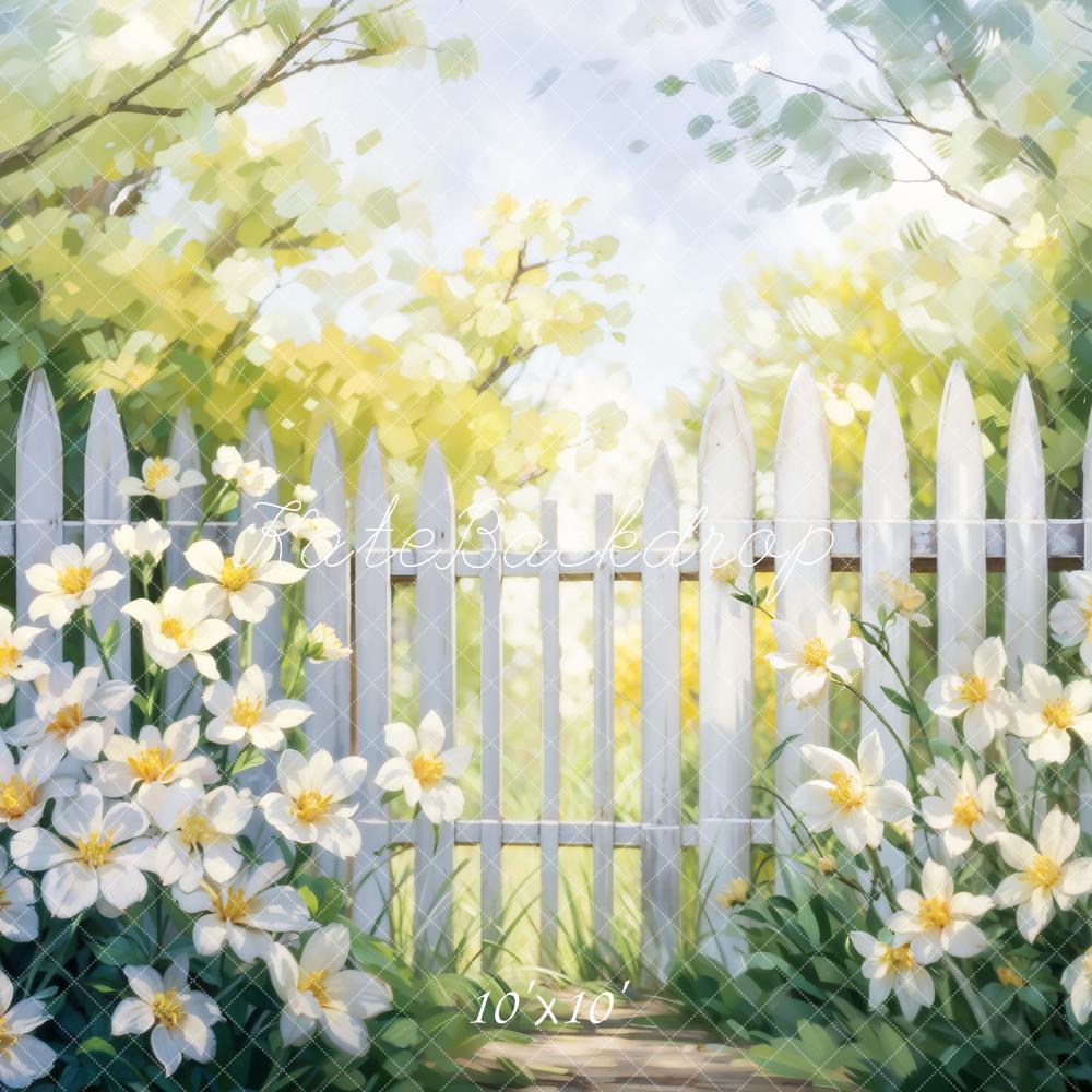 Kate Spring Art Forest White Flower Wooden Fence Backdrop Designed by GQ