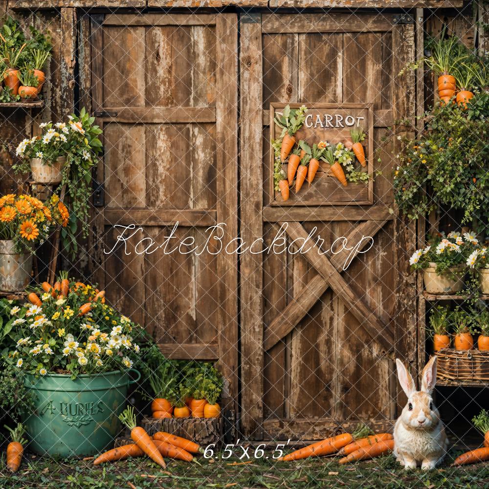Kate Spring Flower Carrot Bunny Dark Brown Barn Door Backdrop Designed by Emetselch