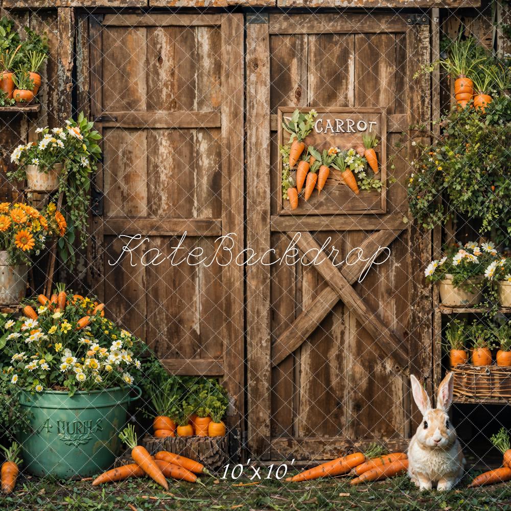 Kate Spring Flower Carrot Bunny Dark Brown Barn Door Backdrop Designed by Emetselch