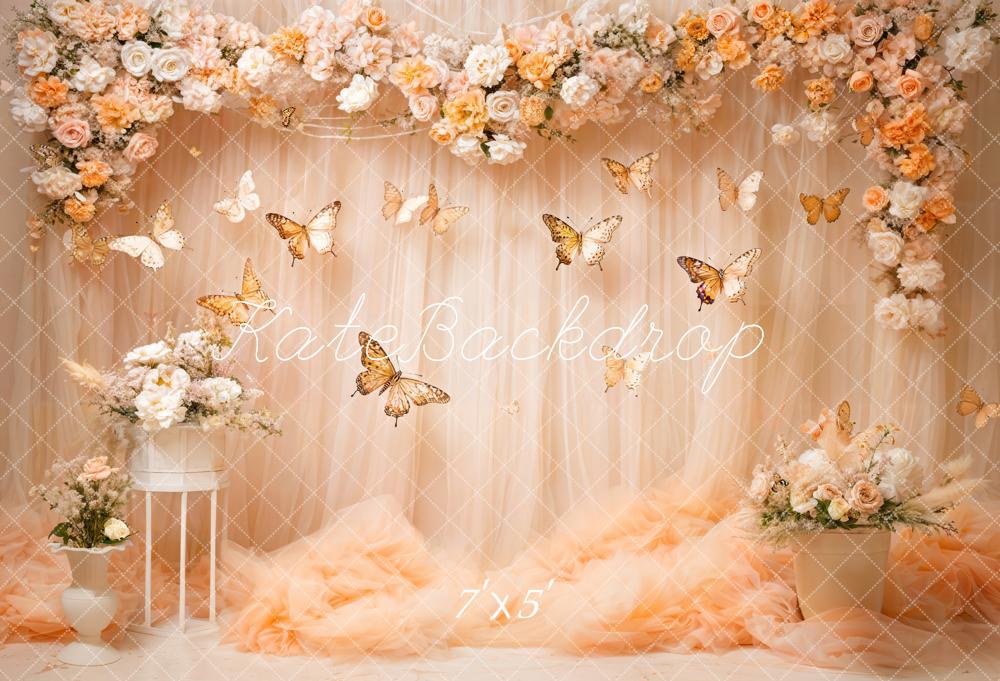 Kate Art Colorful Flower Butterfly Light Beige Curtain Backdrop Designed by Emetselch