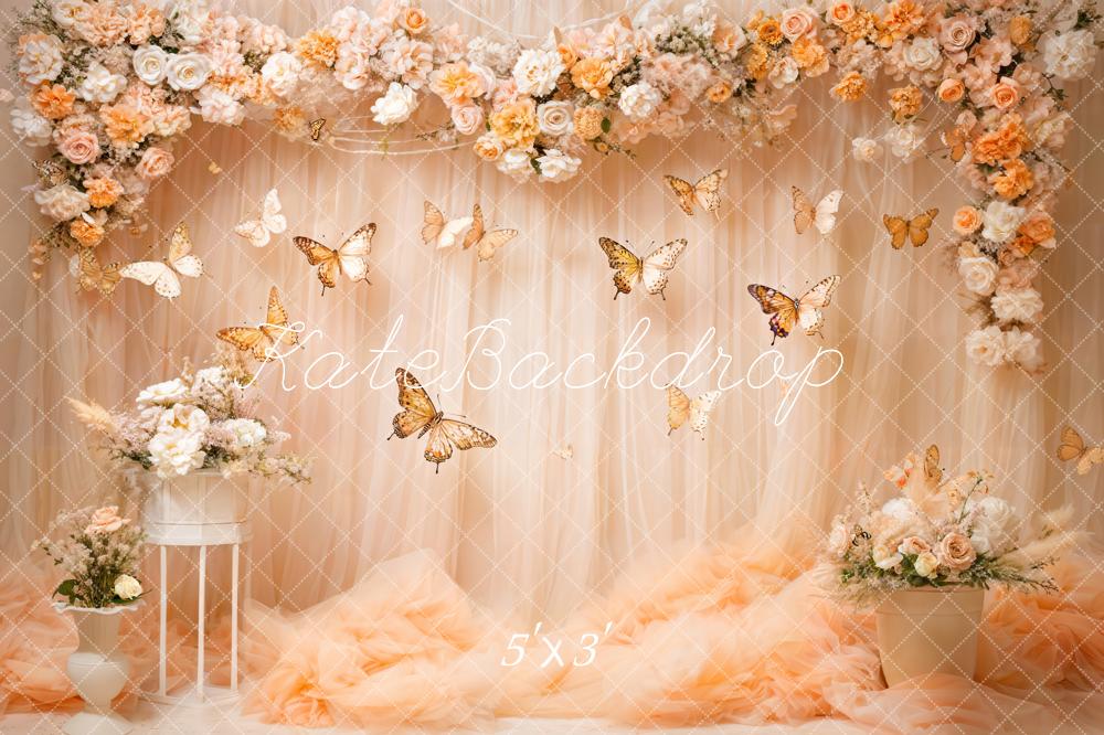 Kate Art Colorful Flower Butterfly Light Beige Curtain Backdrop Designed by Emetselch