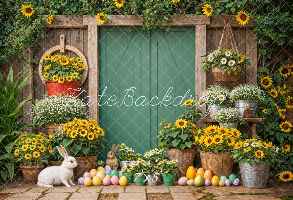 Kate Easter Eggs Bunny Green Plant Sunflower Wooden Door Backdrop Designed by Emetselch