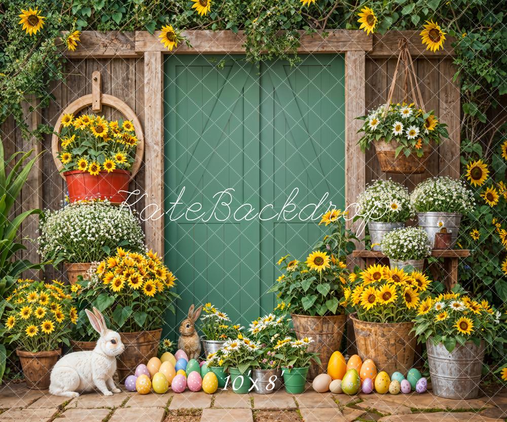 Kate Easter Eggs Bunny Green Plant Sunflower Wooden Door Backdrop Designed by Emetselch