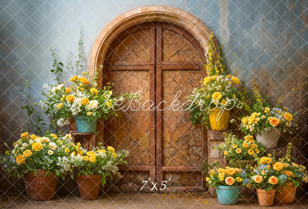 Kate Spring Pet Yellow Flower Broken Dark Brown Arch Door Backdrop Designed by Emetselch
