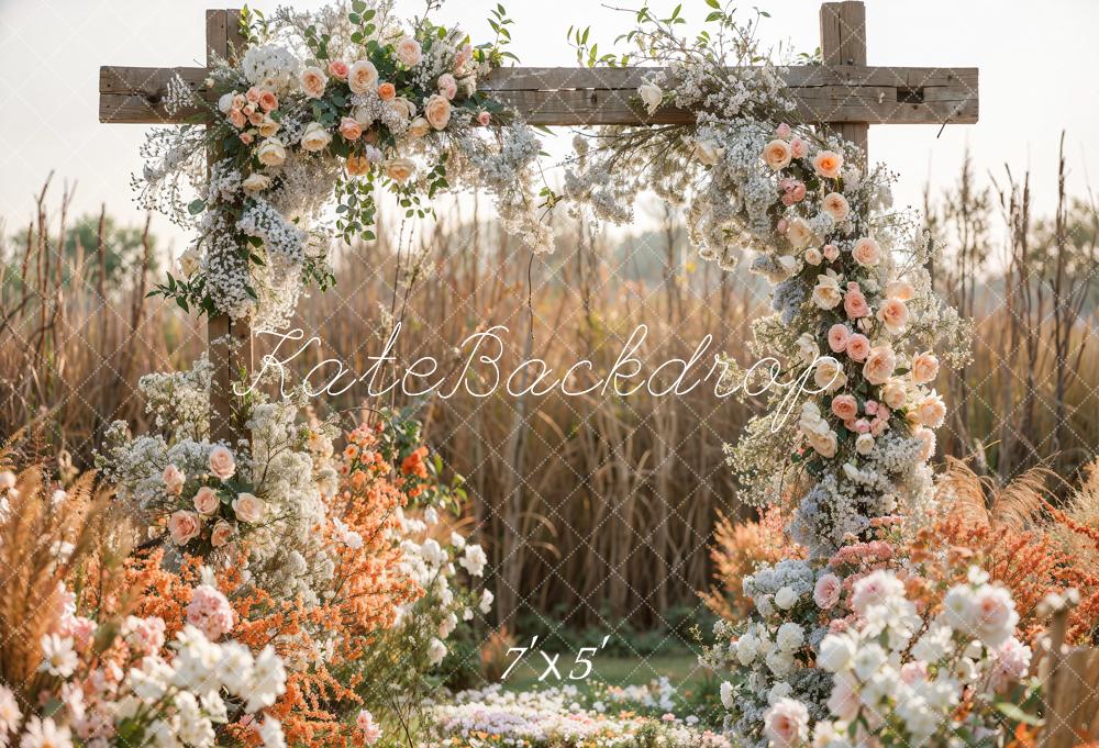 Kate Spring Grass Reed Colorful Flower Wooden Door Backdrop Designed by Emetselch
