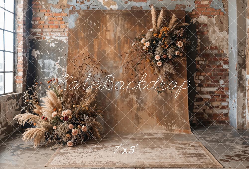 Kate Boho Dark Brown Indoor Reed Floral Old Brick Wall Backdrop Designed by Emetselch