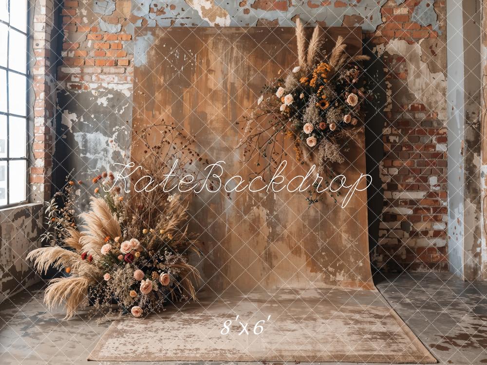 Kate Boho Pet Dark Brown Indoor Reed Floral Old Brick Wall Backdrop Designed by Emetselch