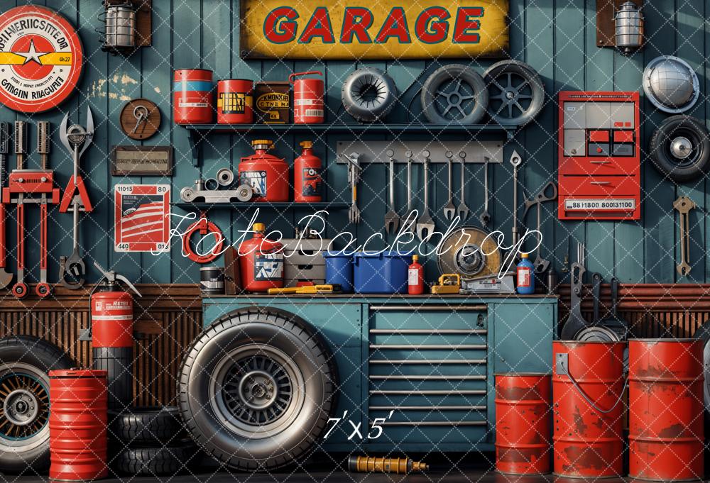 Kate Modern Tool Holder and Tires Red Tanker Garage Backdrop Designed by Emetselch