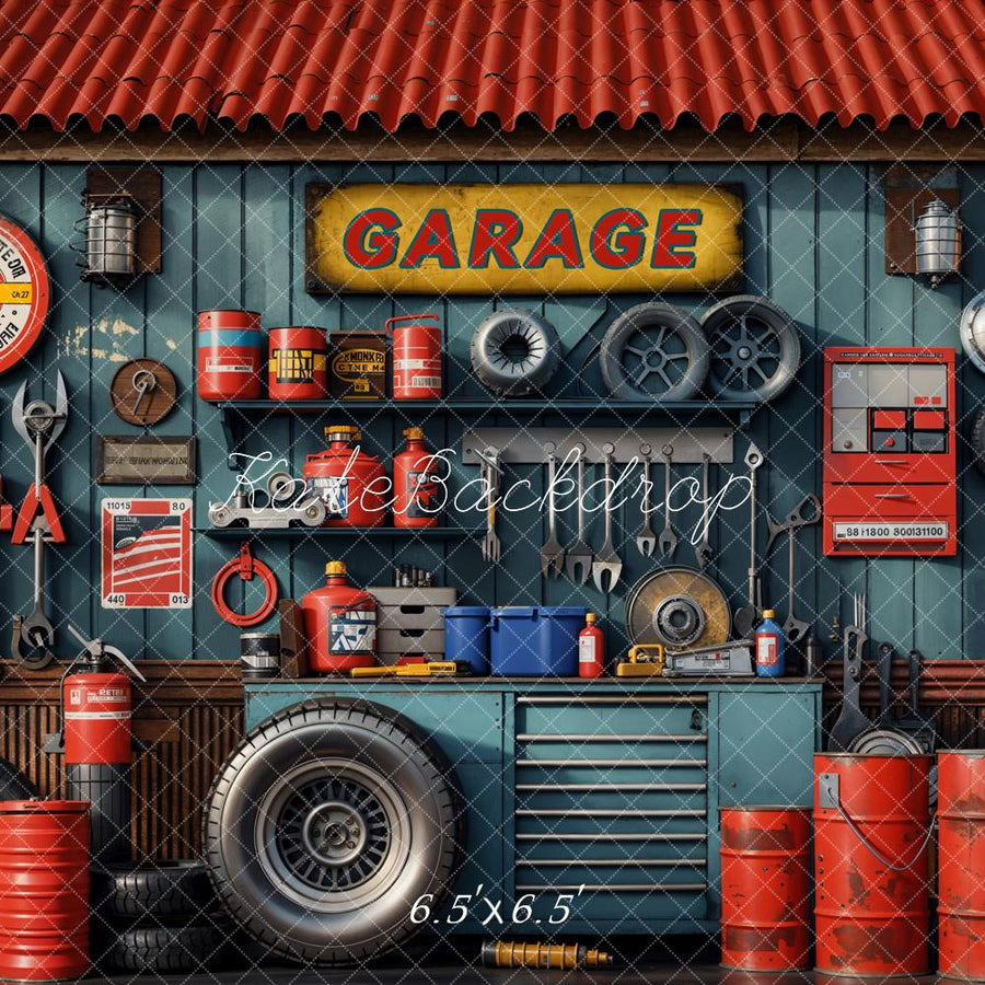Kate Modern Tool Holder and Tires Red Tanker Garage Backdrop Designed