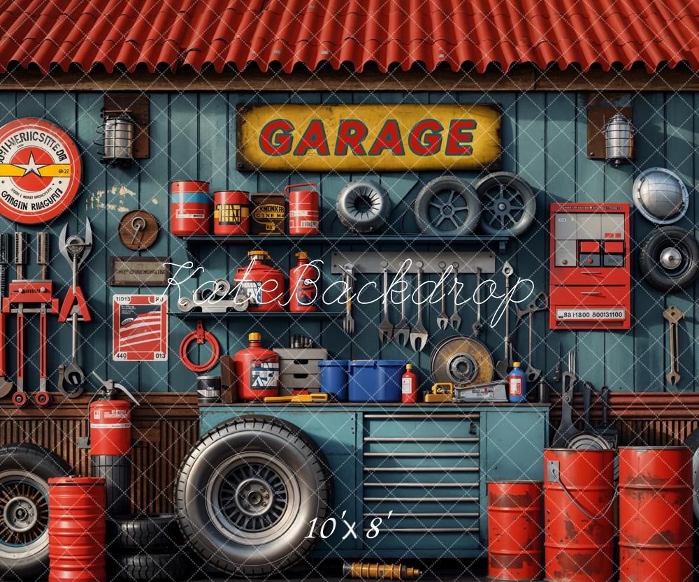 Kate Modern Tool Holder and Tires Red Tanker Garage Backdrop Designed by Emetselch